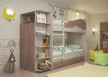 Детская 2-этажная кровать ТМК Мая на щитах со шкафом и ящиками, корпус Шимо светлый, фасад Шимо темный в Томске