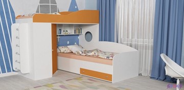 Кровать-чердак в детскую Кадет-2 с металлической лестницей, корпус Белое дерево, фасад Оранжевый в Томске