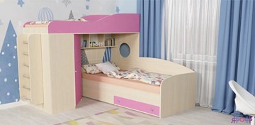 Детская кровать-шкаф Кадет-2 с металлической лестницей, корпус Дуб, фасад Розовый в Томске