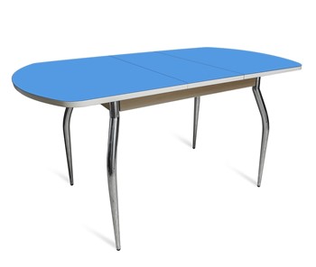Кухонный стол раздвижной ПГ-02 СТ2, дуб молочный/синие стекло/35 хром гнутые металл в Томске