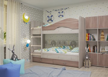 Двухъярусная детская кровать Мая с 2 ящиками на щитах, корпус Шимо светлый, фасад Шимо темный в Томске - предосмотр