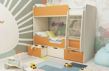 Двухэтажная детская кровать Малыш двойняшка 70х160, корпус Дуб молочный, фасад Оранжевый в Томске
