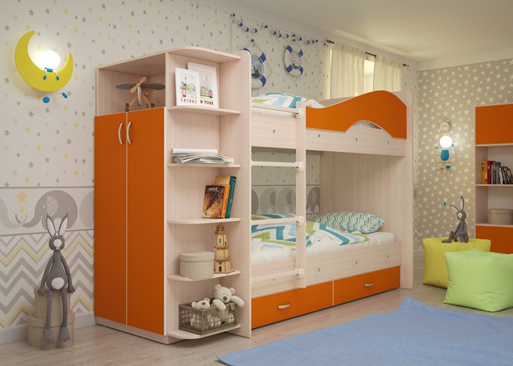 Детская двухъярусная кровать Мая с 2 ящиками на щитах, корпус Млечный дуб, фасад Оранжевый в Томске - изображение 1