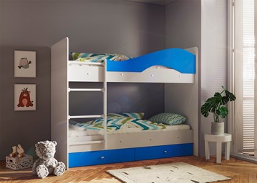 Двухъярусная кровать Мая с 2 ящиками на щитах, корпус Млечный дуб, фасад Синий в Томске - предосмотр