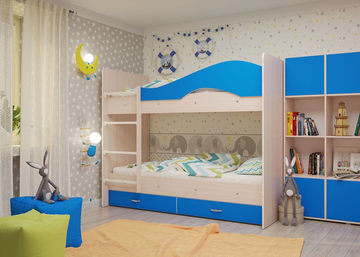 Двухъярусная кровать Мая с 2 ящиками на щитах, корпус Млечный дуб, фасад Синий в Томске - изображение 3