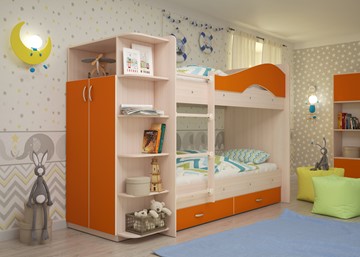 Двухэтажная детская кровать Мая на щитах со шкафом и ящиками, корпус Млечный дуб, фасад Оранжевый в Томске