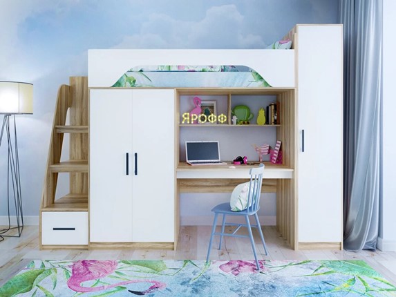 Кровать-чердак в детскую с шкафом Тея, каркас Ясень, фасад Белый в Томске - изображение