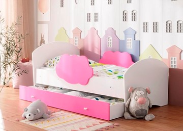 Детская кровать с бортиками Тучка с ящиком, корпус Белый, фасад Розовый в Томске