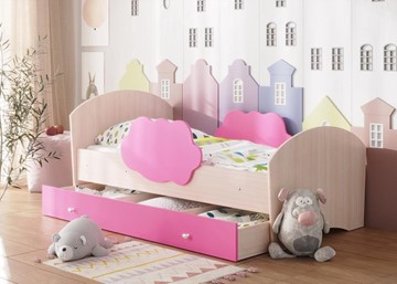 Детская кровать с бортиками Тучка с ящиком, корпус Дуб млечный, фасад Розовый в Томске