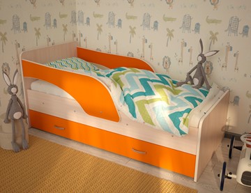 Детская кровать с ящиками Максимка, корпус Млечный дуб, фасад Оранжевый в Томске - предосмотр