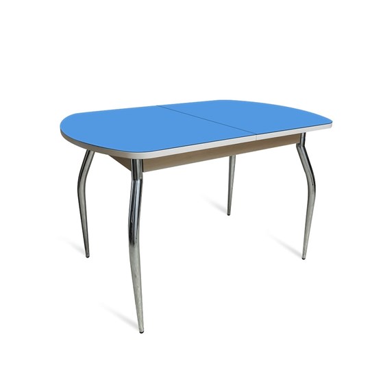 Обеденный раздвижной стол ПГ-01 СТ2, дуб молочный/синие стекло/35 хром гнутые металл в Томске - изображение 1