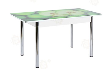 Кухонный раскладной стол Айсберг-01 СТФ, белый/фотопечать зеленые яблоки/ноги хром круглые в Томске